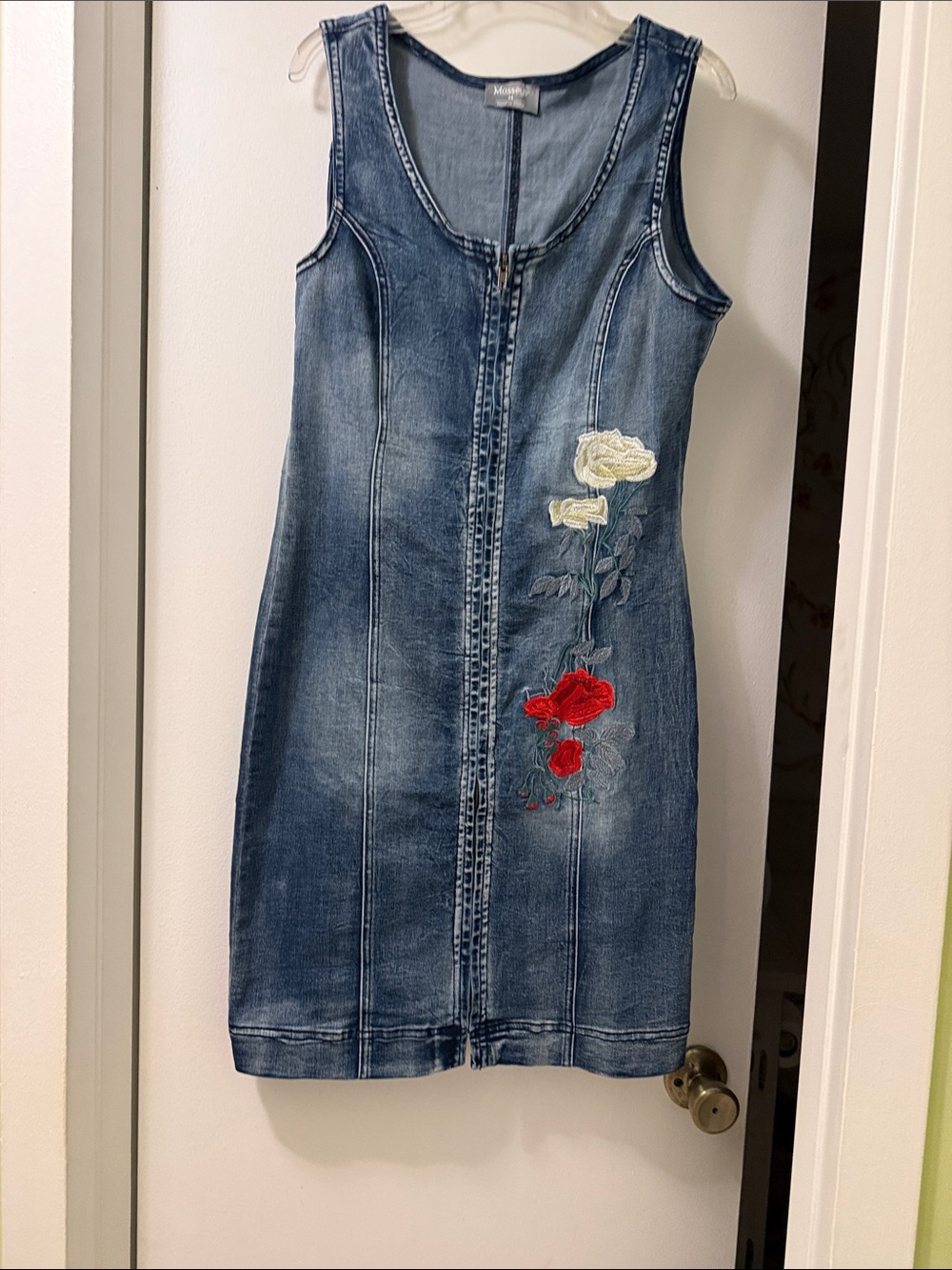 Massey Sleeveless Denim Dress with Red and Cream Floral Embroidery